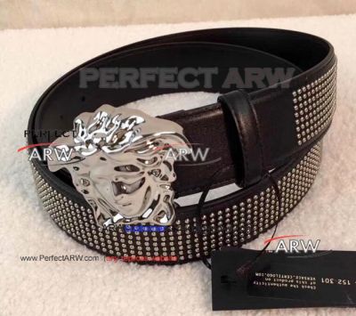 Perfect Replica Versace Stainless Steel Buckle And Diamonds Black Leather Belt